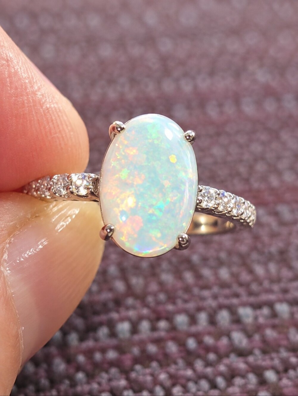 Elegant White Opal Ring with Pavé Band - 14ct Gold Over Sterling Silver Size 9